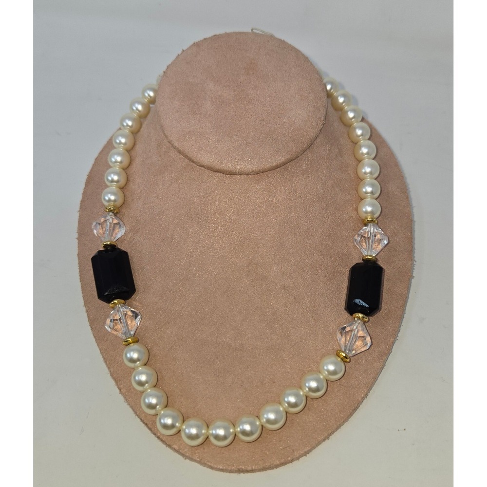 Faux Pearl Black Onyx Beaded Choker Necklace 18" Vintage Fashion Costume Jewelry - Picture 6 of 10